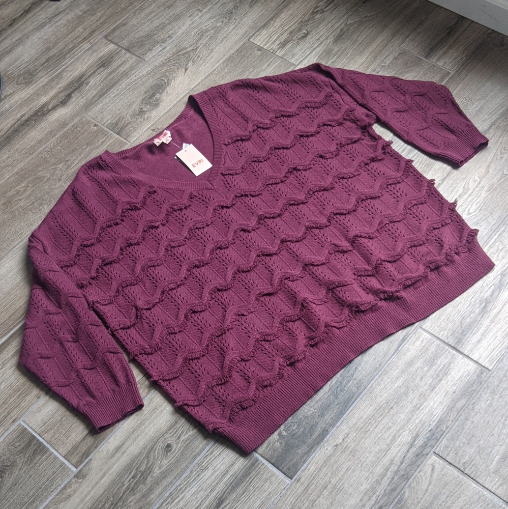 New Relaxed Ruffle Wave Pointelle Maroon Wine Sweater Knit Textured